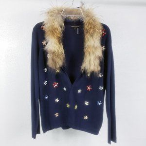 Alberto Makali Women's Navy Blue Bejeweled Fox Fur Open Front Cardigan Sweater